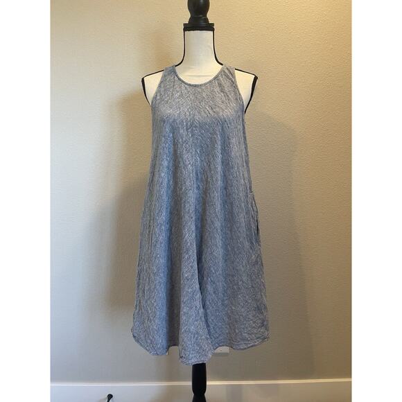 Lands’ End 100% Linen Blue Tank Dress Knee Length Small Pockets - Picture 1 of 10